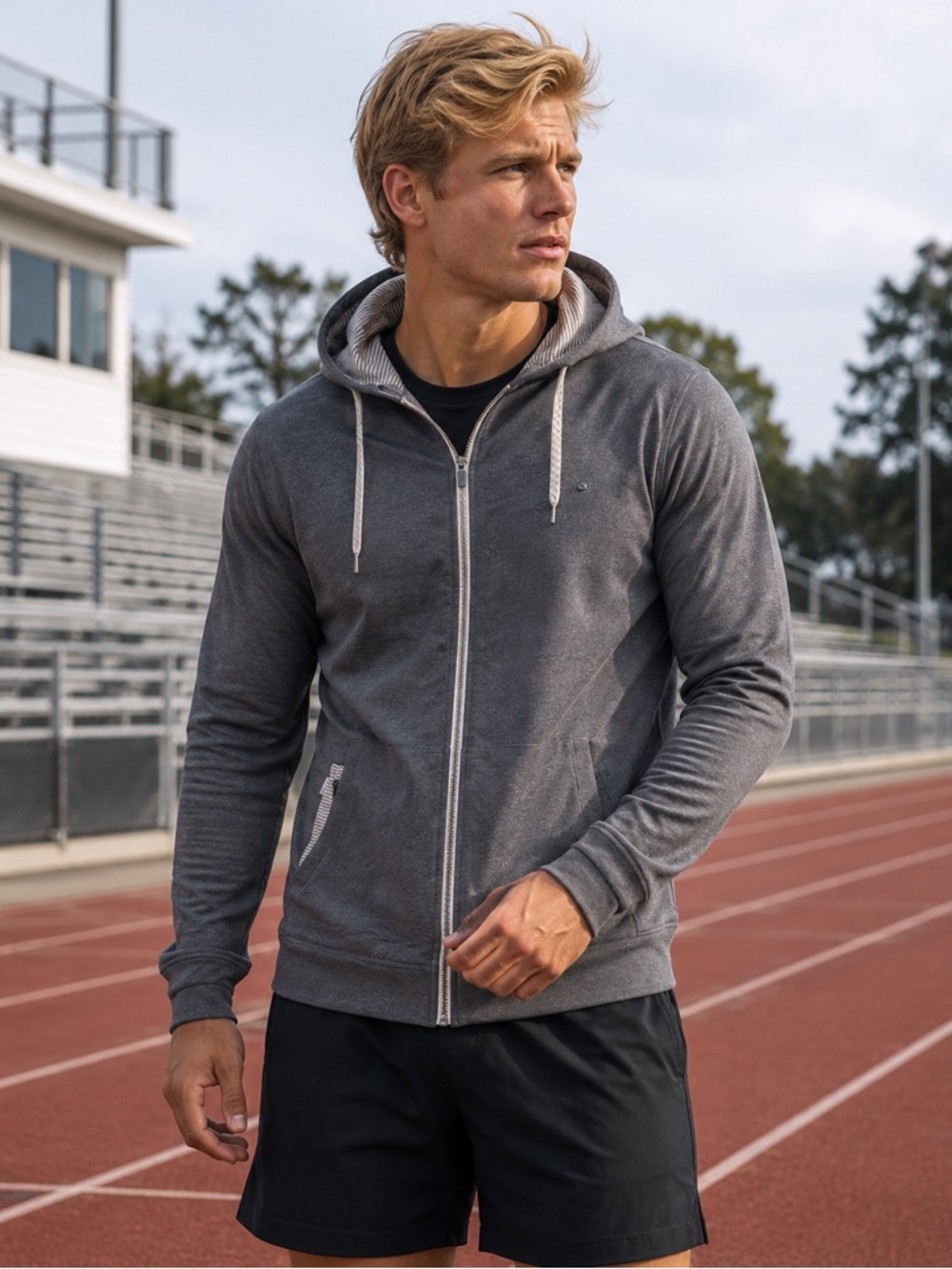 Vuori Men’s Large Gray Full Zip Performance Hoodie Jacket Stretch Athletic